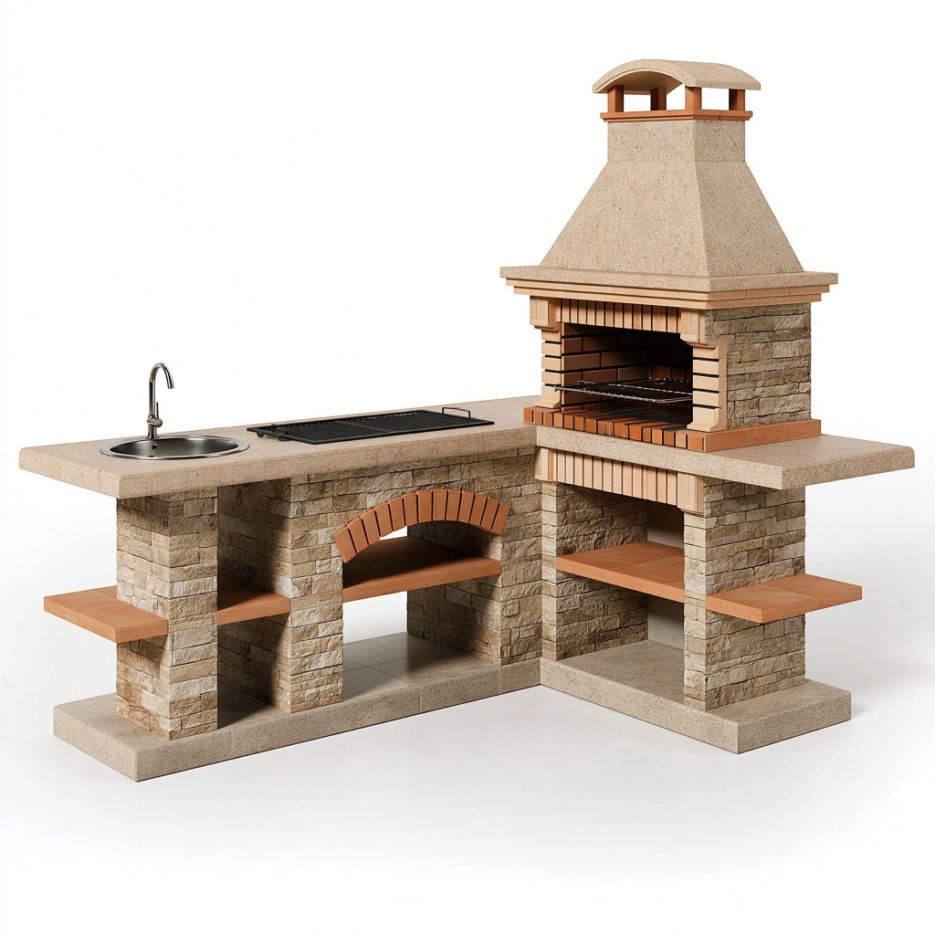 Cuisine extérieure avec barbecue 260 x 180 x 250 cm en pierre beige et brique avec évier et plancha