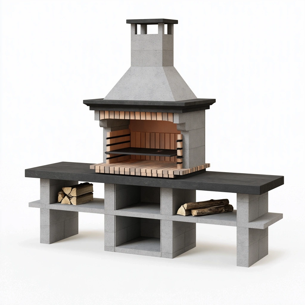 Barbecue de jardin 180 x 70 x 230 cm en béton gris avec foyer à grille et cheminée