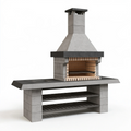Barbecue de jardin 220 x 70 x 250 cm en béton gris avec foyer en brique et cheminée maçonnée
