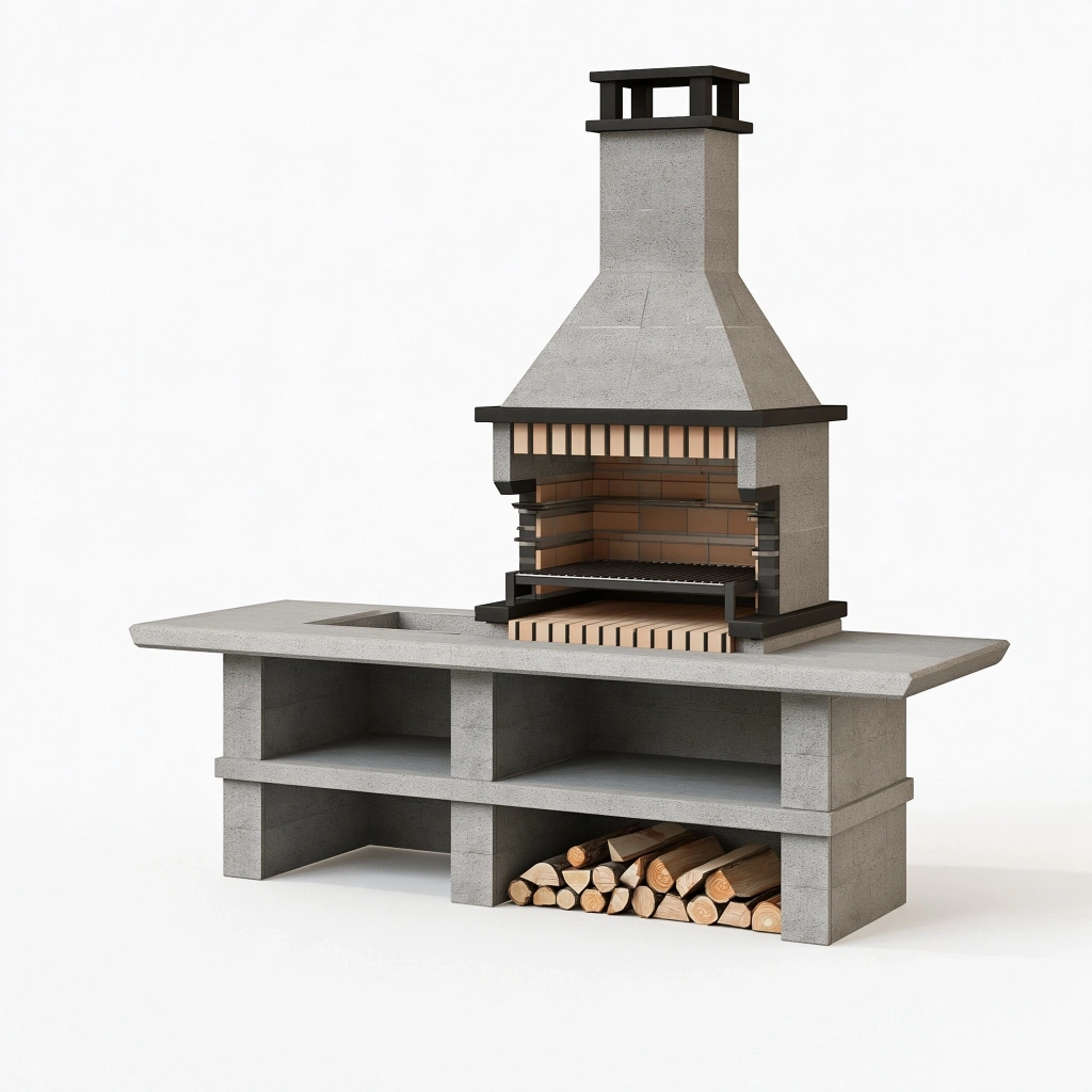 Barbecue de jardin 220 x 75 x 245 cm en béton gris avec cheminée et plan de travail