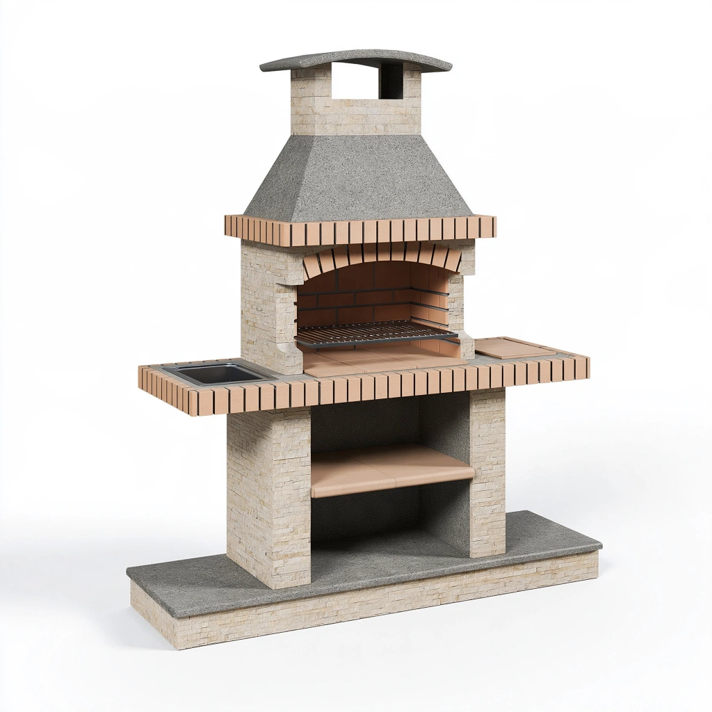 Barbecue de jardin 180 x 70 x 260 cm en pierre beige avec cheminée et évier