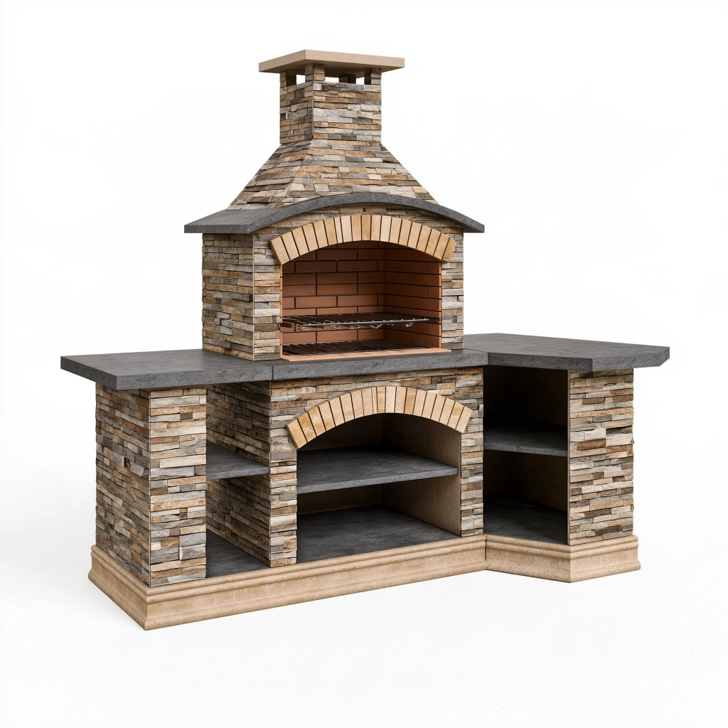 Cuisine extérieure barbecue en pierre 220 x 75 x 245 cm beige et gris avec cheminée et rangements