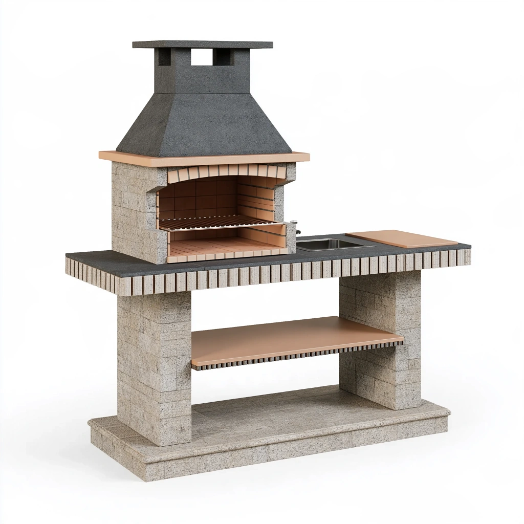 Barbecue de jardin 180 x 70 x 210 cm en pierre gris beige avec évier style maçonné
