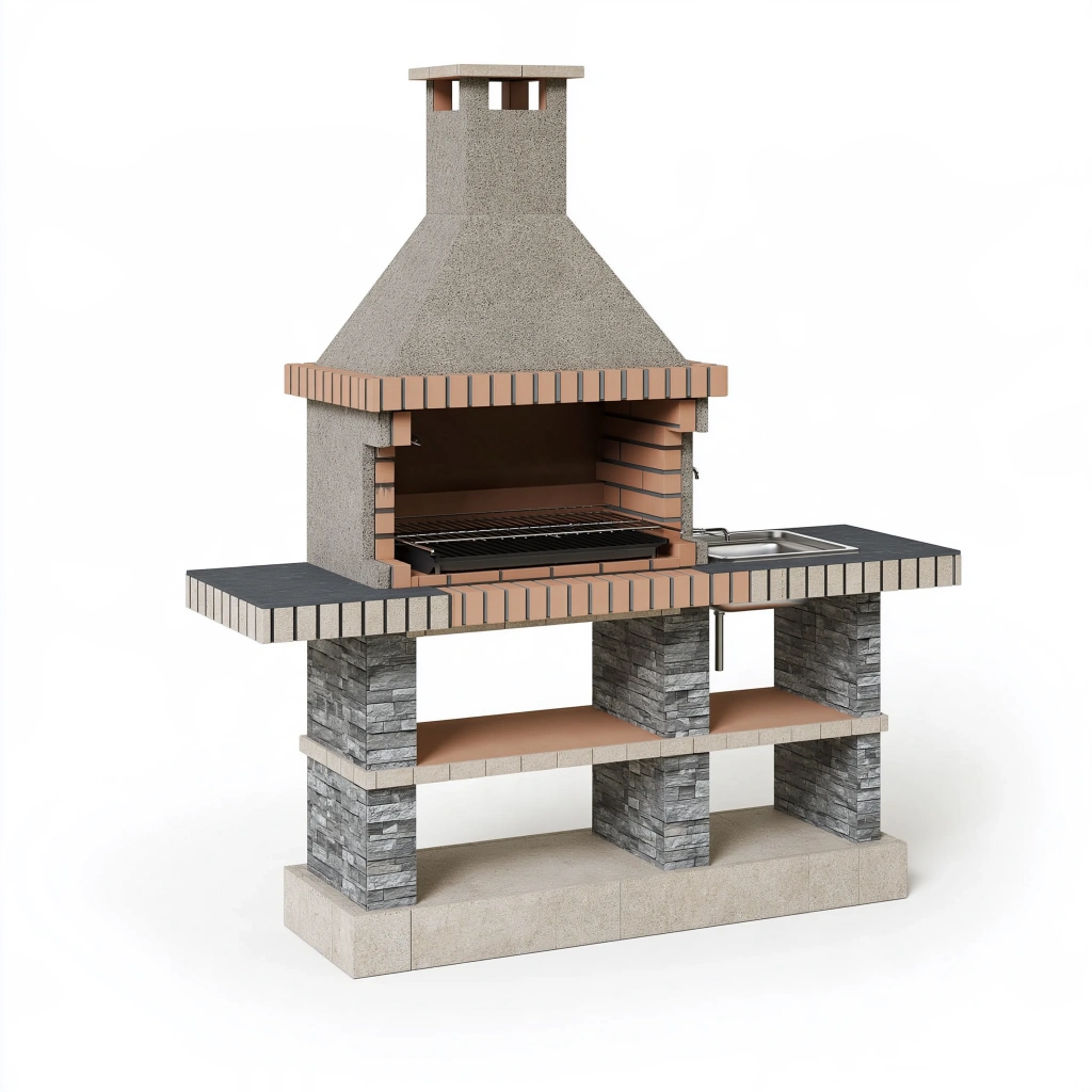 Barbecue fixe 220 x 75 x 250 cm en béton gris avec évier et plan de travail extérieur