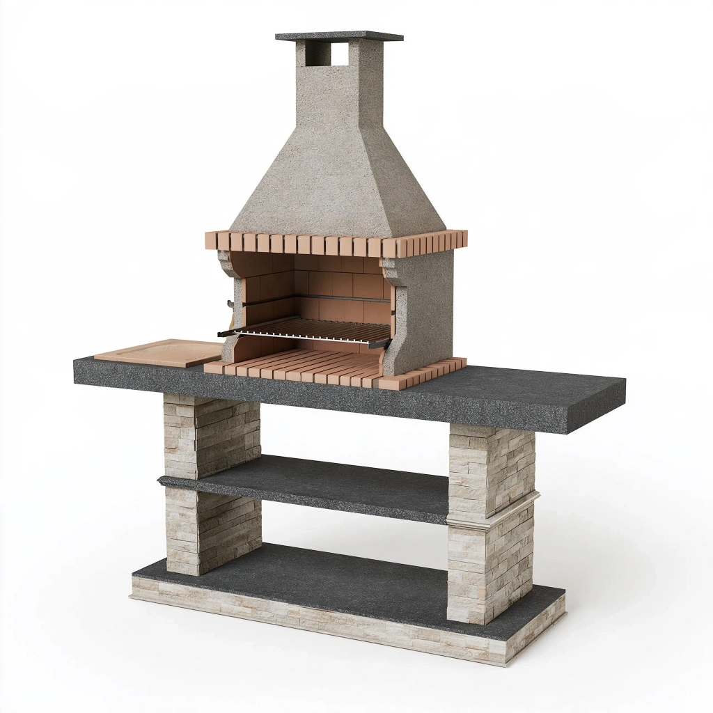 Barbecue de jardin 200 x 70 x 230 cm en pierre et brique avec grille réglable