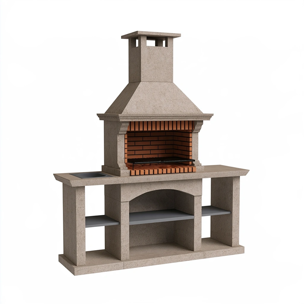 Barbecue de jardin 240 x 70 x 250 cm en béton beige avec foyer en briques et évier