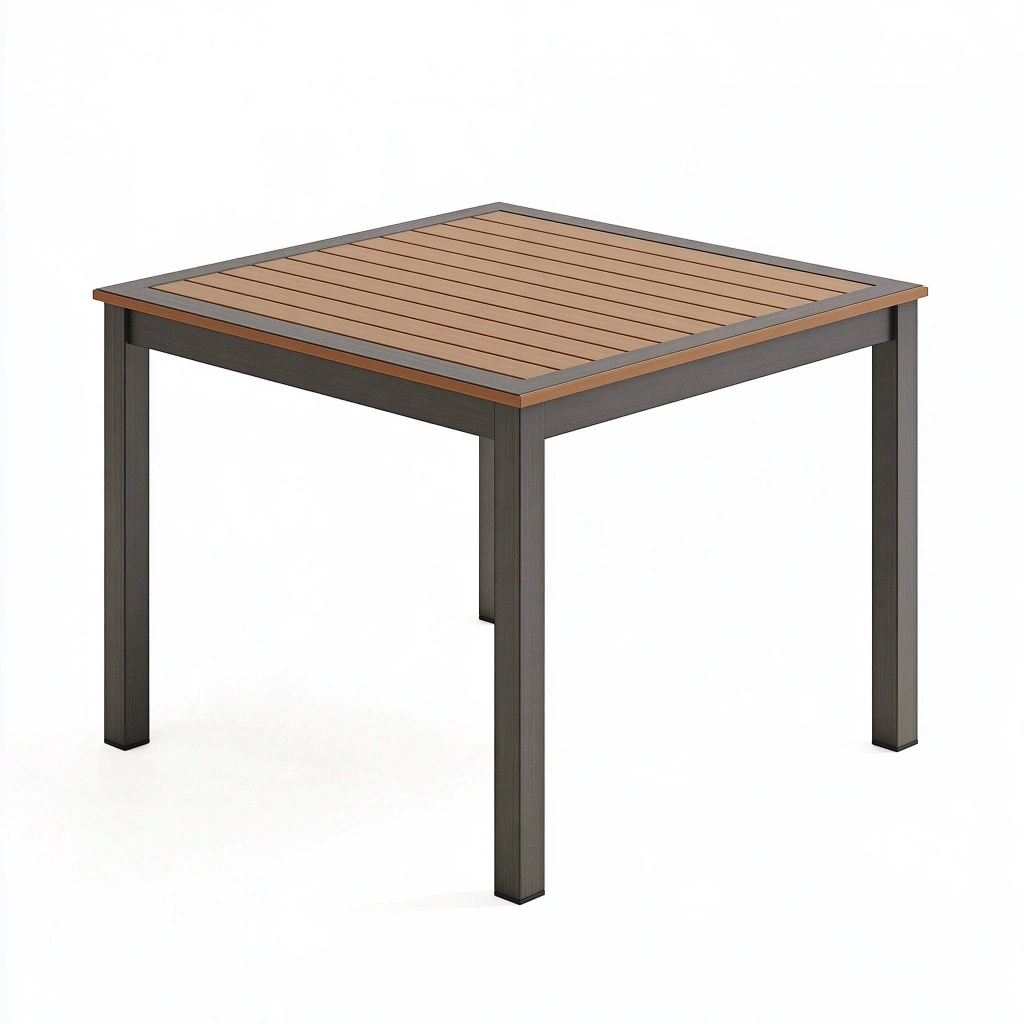 Table de jardin carrée 90 x 90 cm aluminium et lattes effet bois marron style contemporain