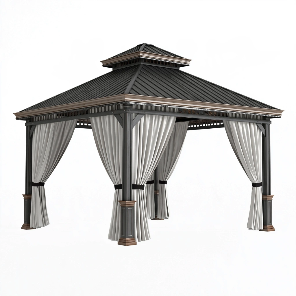 Tonnelle de jardin 400 x 400 x 330 cm acier gris anthracite avec rideaux style classique