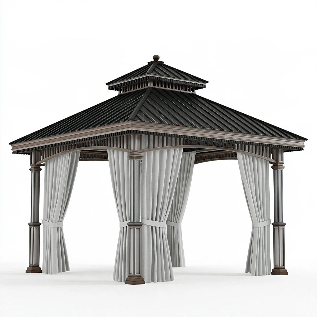 Tonnelle de jardin 300 x 300 cm en métal gris anthracite avec rideaux style classique