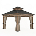 Tonnelle de jardin 300 x 300 cm en bois beige avec toit métallique et rideaux