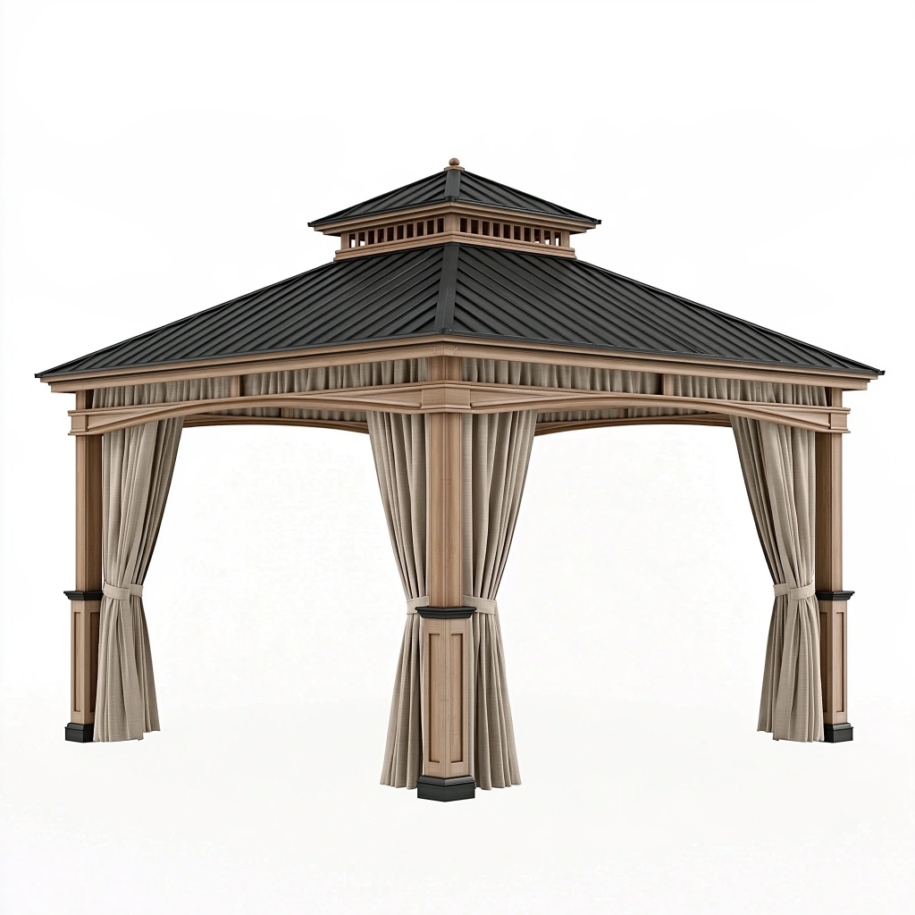 Tonnelle de jardin 300 x 300 cm en bois beige avec toit métallique et rideaux