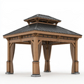 Tonnelle de jardin 400 x 400 x 330 cm en bois naturel et métal noir avec rideaux style pavillon