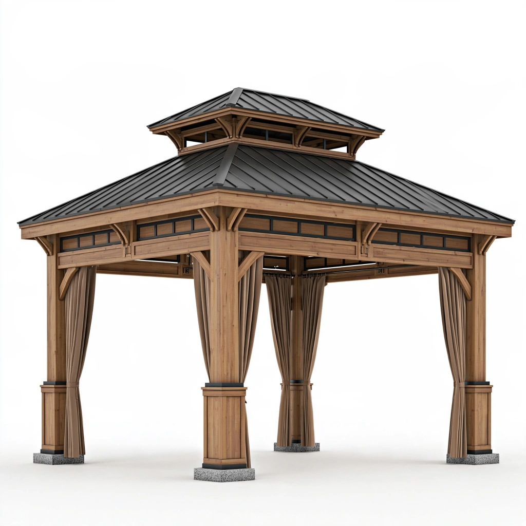 Tonnelle de jardin 400 x 400 x 330 cm en bois naturel et métal noir avec rideaux style pavillon