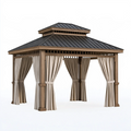 Tonnelle de jardin 300 x 300 x 330 cm en bois marron avec toit métallique noir et rideaux
