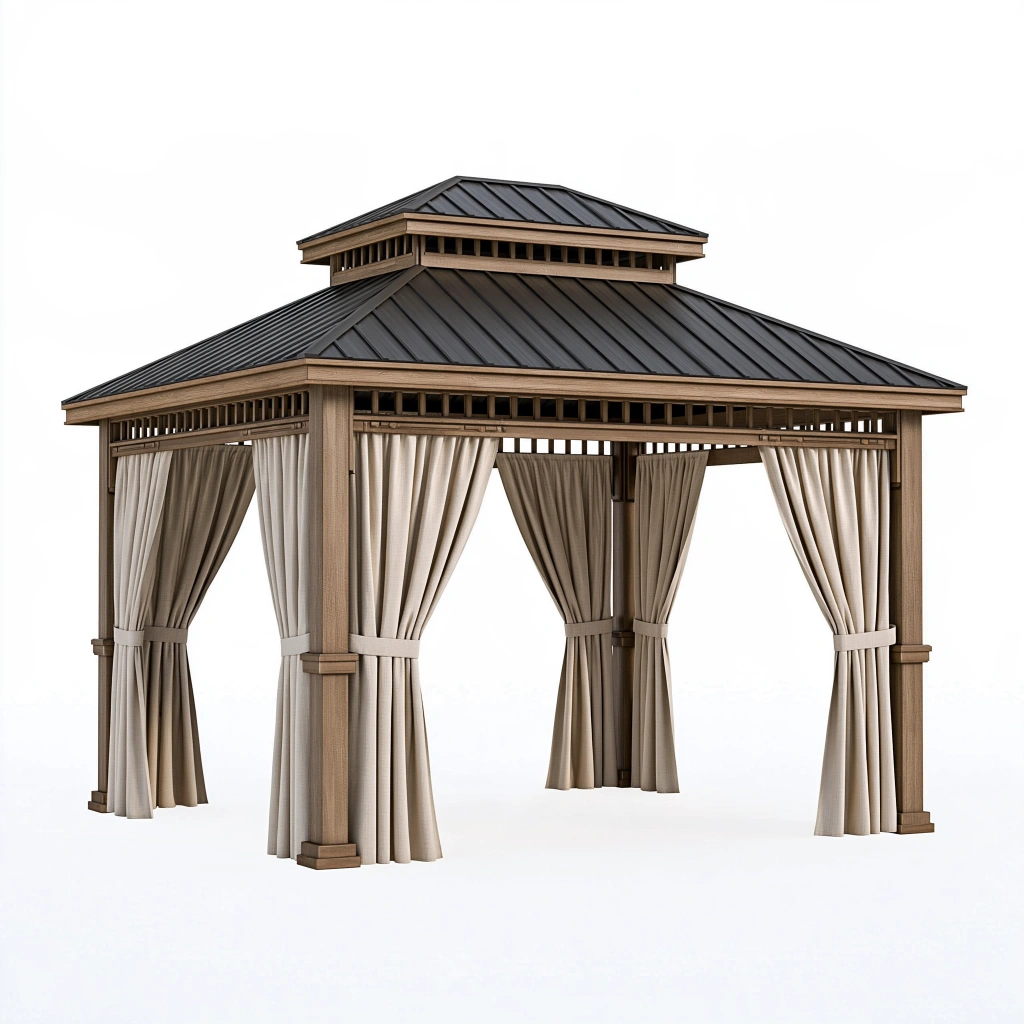Tonnelle de jardin 300 x 300 x 330 cm en bois marron avec toit métallique noir et rideaux