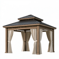 Tonnelle de jardin 400 x 300 x 330 cm en bois brun avec toit métallique et rideaux style classique