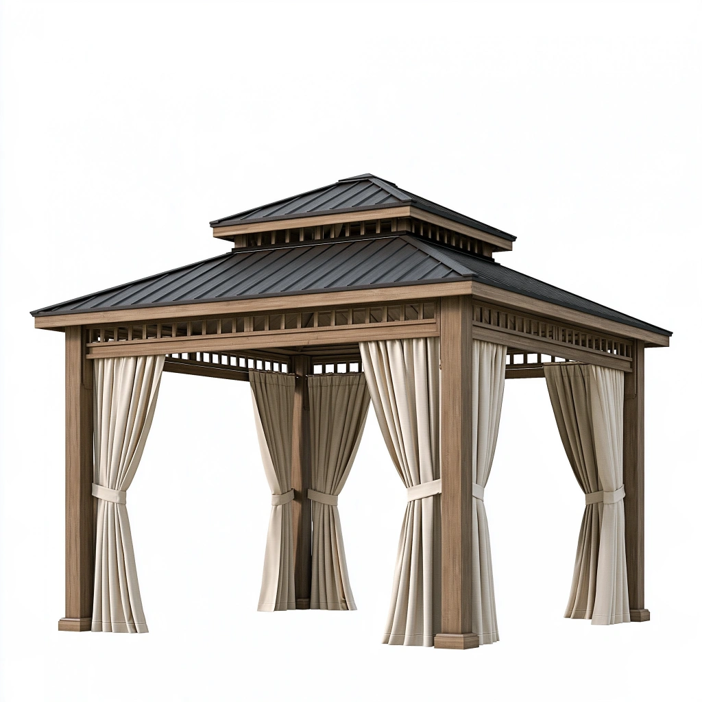 Tonnelle de jardin 400 x 300 x 330 cm en bois brun avec toit métallique et rideaux style classique