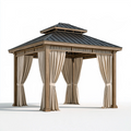 Tonnelle de jardin 300 x 300 x 320 cm en bois marron avec toit métallique noir et rideaux