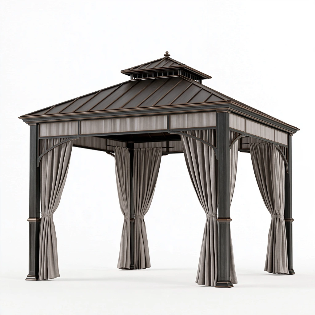 Tonnelle de jardin 300 x 300 cm en métal noir avec rideaux style pavillon