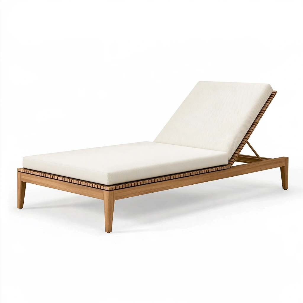 Chaise longue de jardin 200 x 70 cm en bois marron avec coussin écru dossier réglable